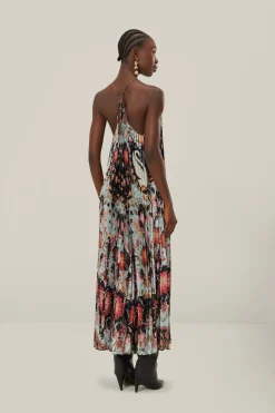 FARM Rio Blue Flowing Beauty Pleated Sleeveless Midi Dress Discount
