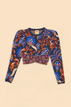 FARM Rio Blue Nature Beauty Scarf Long Sleeve Crop Top Best