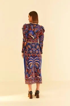 FARM Rio Blue Nature Beauty Scarf Knit Midi Skirt Sale