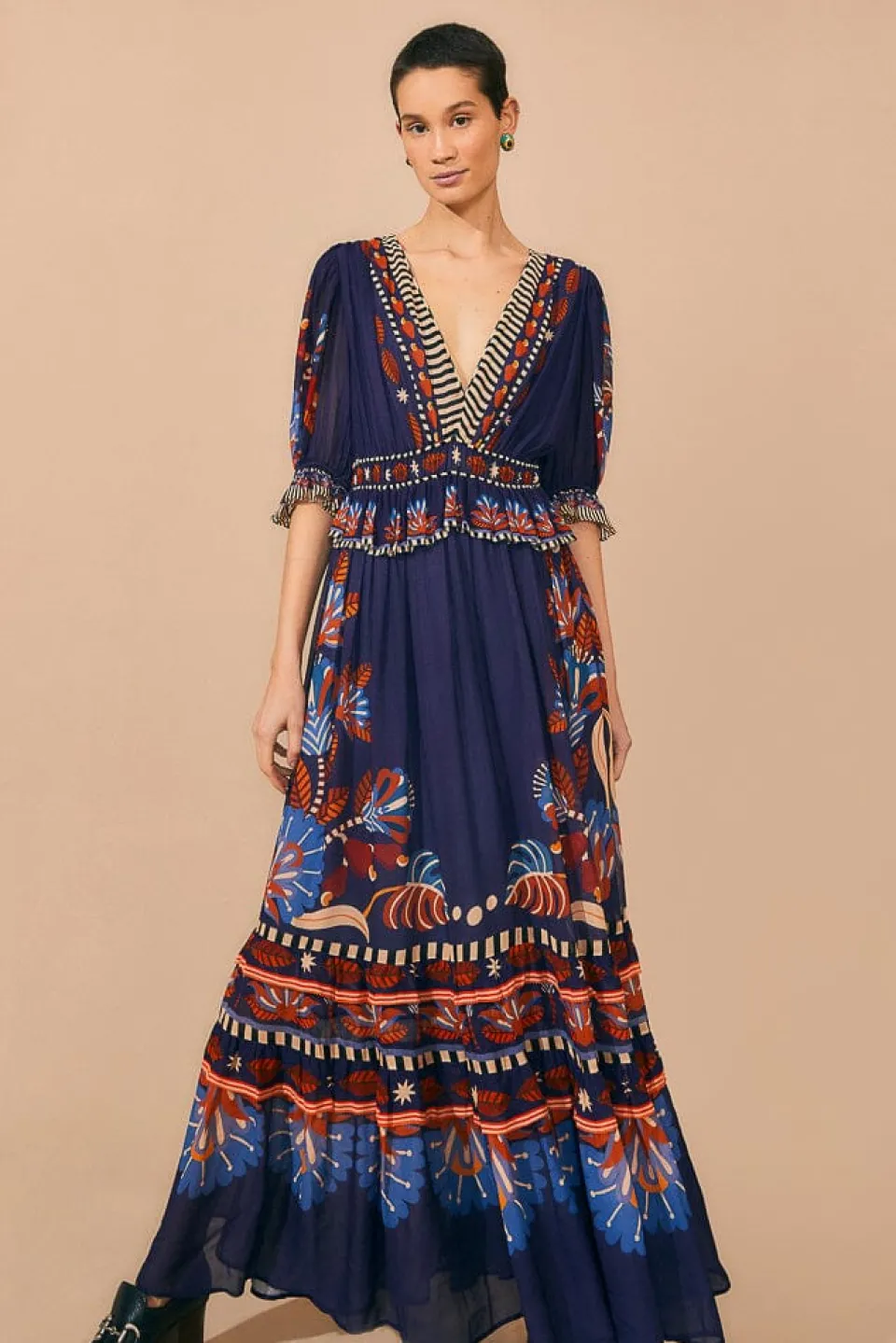 FARM Rio Blue Nature Beauty Short Sleeve Maxi Dress Best
