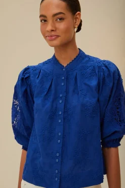 FARM Rio Blue navy 3D flower blouse Best
