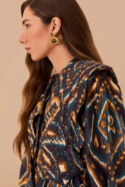 FARM Rio Blue Pineapple Ikat Long Sleeve Matelasse Blouse