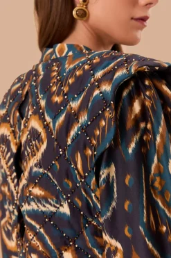 FARM Rio Blue Pineapple Ikat Long Sleeve Matelasse Blouse