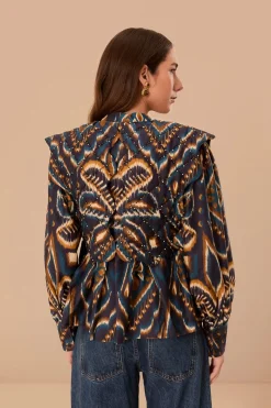 FARM Rio Blue Pineapple Ikat Long Sleeve Matelasse Blouse