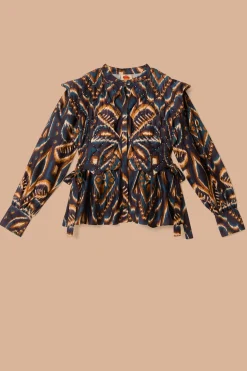 FARM Rio Blue Pineapple Ikat Long Sleeve Matelasse Blouse