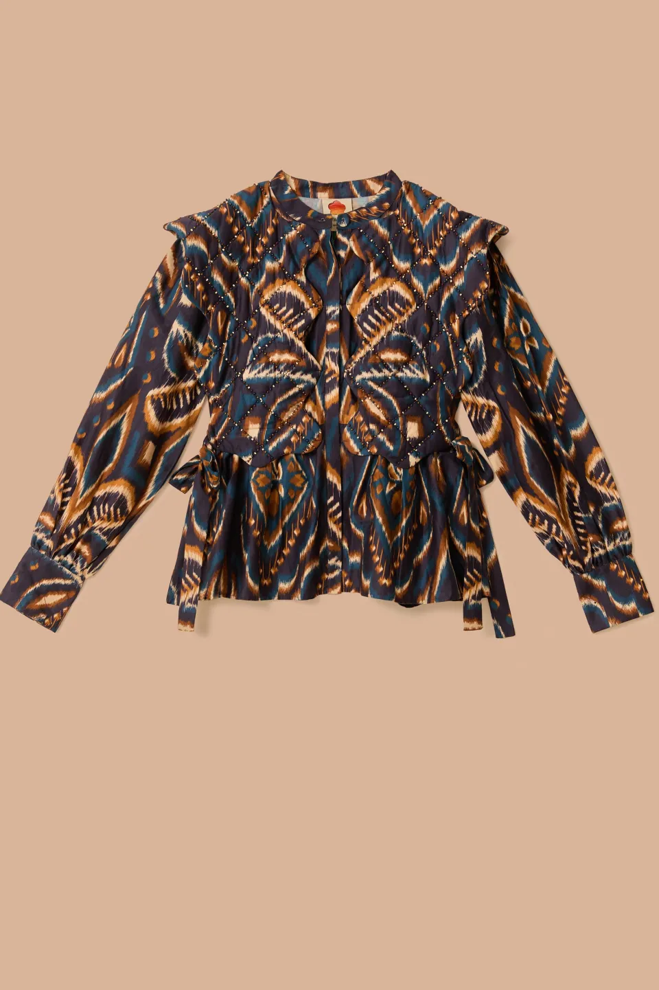 FARM Rio Blue Pineapple Ikat Long Sleeve Matelasse Blouse
