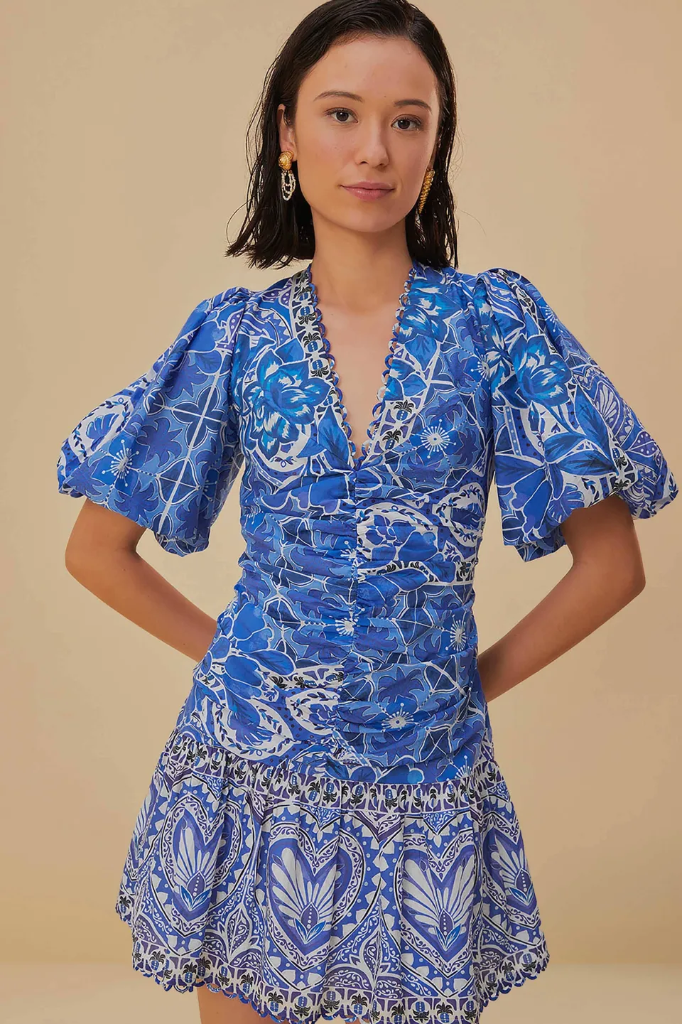 FARM Rio Blue Tile Dream Short Sleeve Mini Dress
