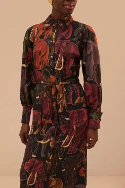 FARM Rio Brown Elephants Long Sleeve Midi Dress Outlet