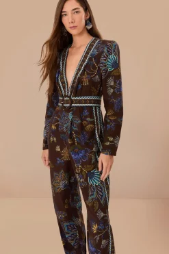 FARM Rio Brown Embroidered Garden V Neck Jumpsuit