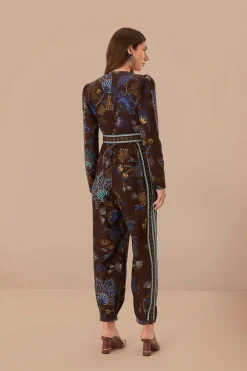 FARM Rio Brown Embroidered Garden V Neck Jumpsuit
