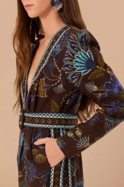 FARM Rio Brown Embroidered Garden V Neck Jumpsuit