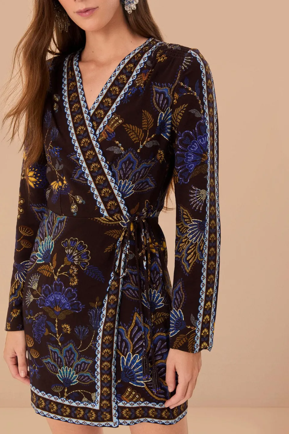 FARM Rio Brown Embroidered Garden LENZING™ ECOVERO™ Viscose Wrap Mini Dress Best