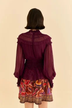 FARM Rio Burgundy Ruffle High Neck Blouse Sale