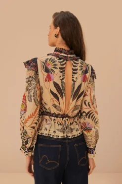 FARM Rio Classic Nature Sand Ruffled Long Sleeve Blouse Online