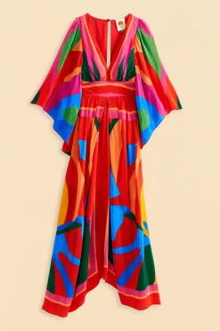 FARM Rio Colorful Leaves Midi Dress New