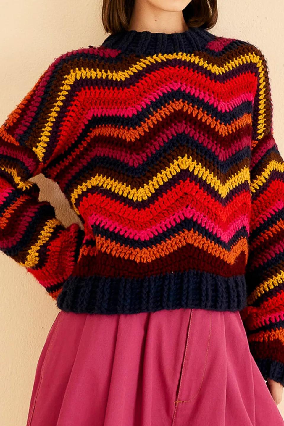 FARM Rio Colorful Waves Crochet High Neck Sweater Clearance