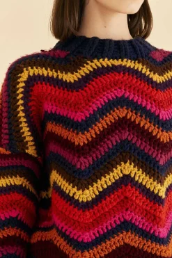 FARM Rio Colorful Waves Crochet High Neck Sweater Clearance