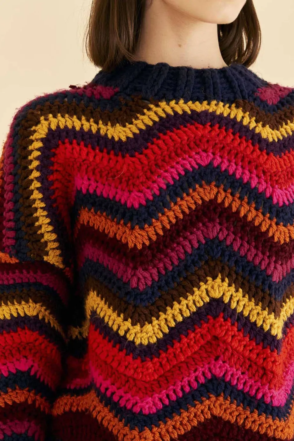 FARM Rio Colorful Waves Crochet High Neck Sweater Clearance