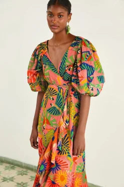FARM Rio Coral Mixed Graphic Macaws Puff Sleeve Midi Dress Clearance