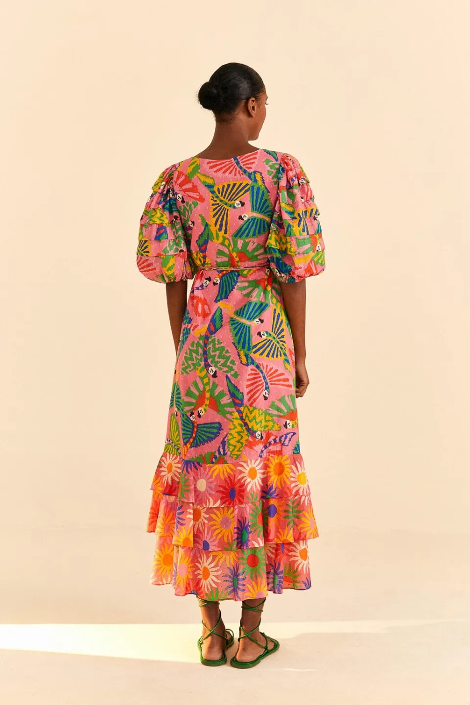 FARM Rio Coral Mixed Graphic Macaws Puff Sleeve Midi Dress Clearance