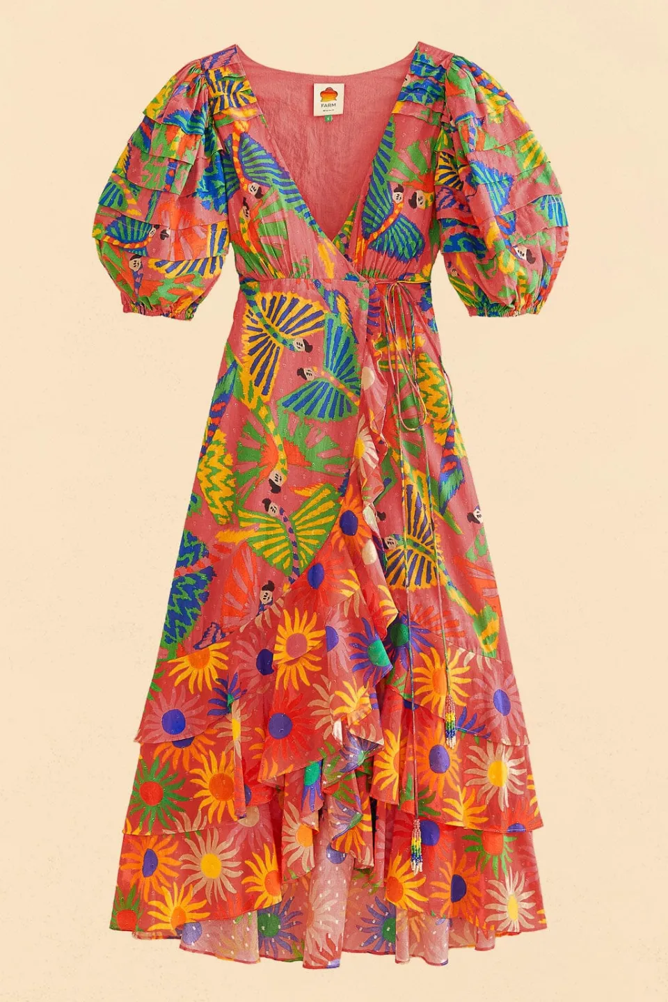 FARM Rio Coral Mixed Graphic Macaws Puff Sleeve Midi Dress Clearance