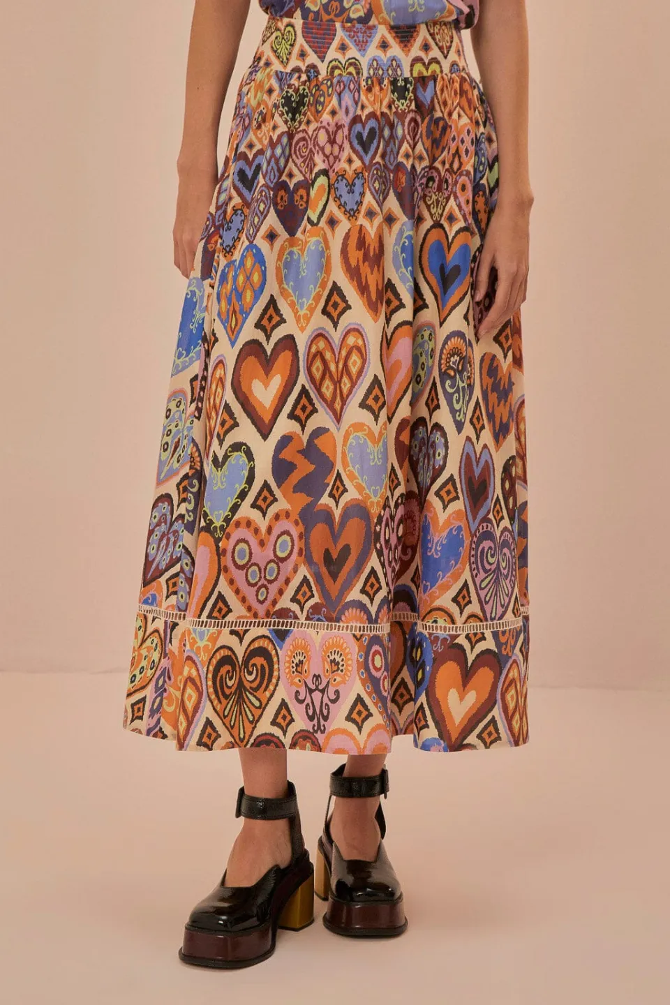 FARM Rio Cream Hearts Ikat Midi Skirt Best