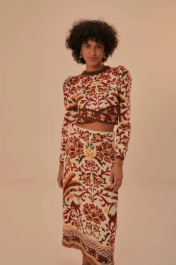 FARM Rio Cream Toucans Scarf Knit Midi Skirt Hot