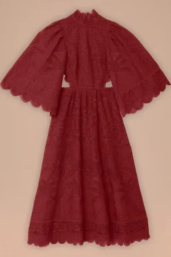 FARM Rio Dark Magenta Guipire Cut-Out Midi Dress New