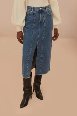 FARM Rio Denim Low Waist Midi Skirt New