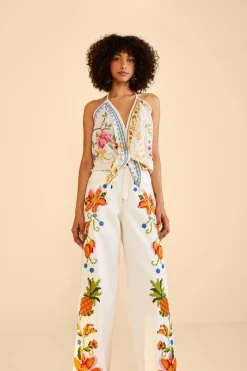 FARM Rio Embroidered Floral Twill Pants Clearance