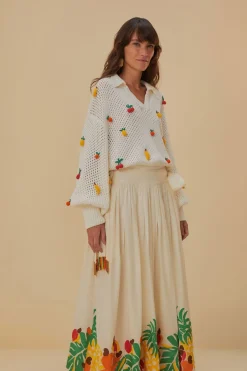 FARM Rio Embroidered Fruits Side Bow Midi Skirt