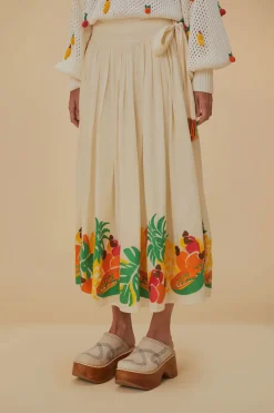 FARM Rio Embroidered Fruits Side Bow Midi Skirt