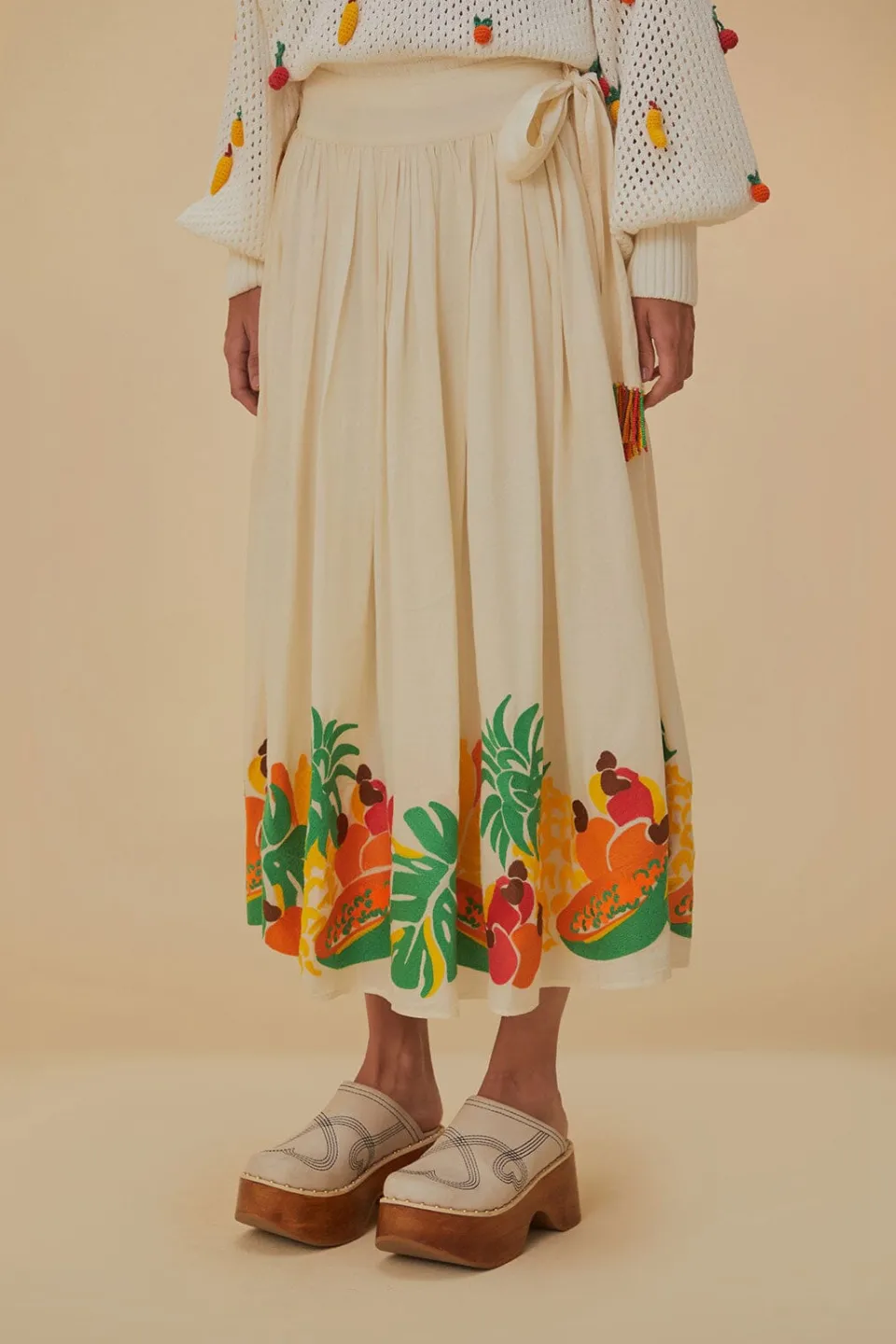 FARM Rio Embroidered Fruits Side Bow Midi Skirt