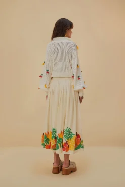 FARM Rio Embroidered Fruits Side Bow Midi Skirt