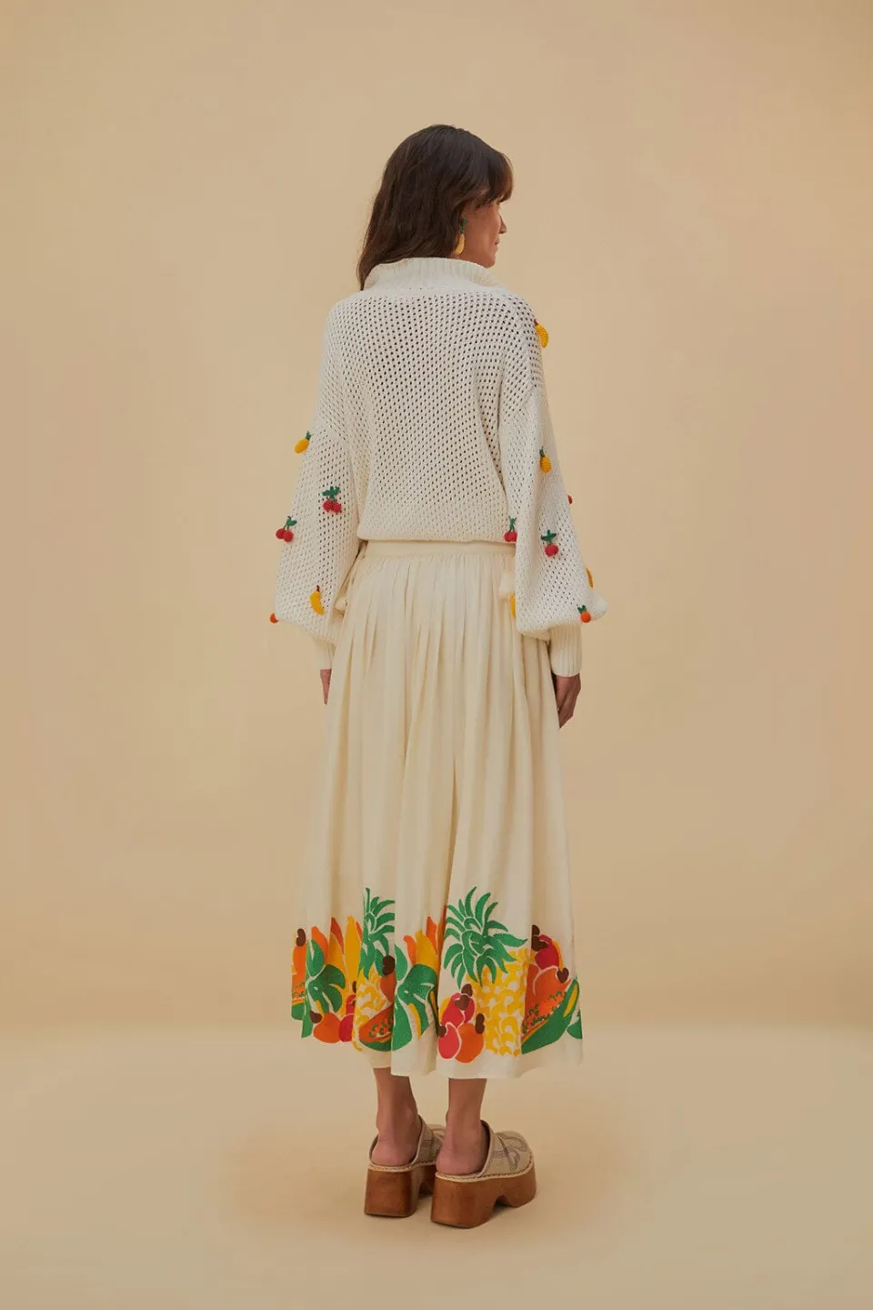 FARM Rio Embroidered Fruits Side Bow Midi Skirt