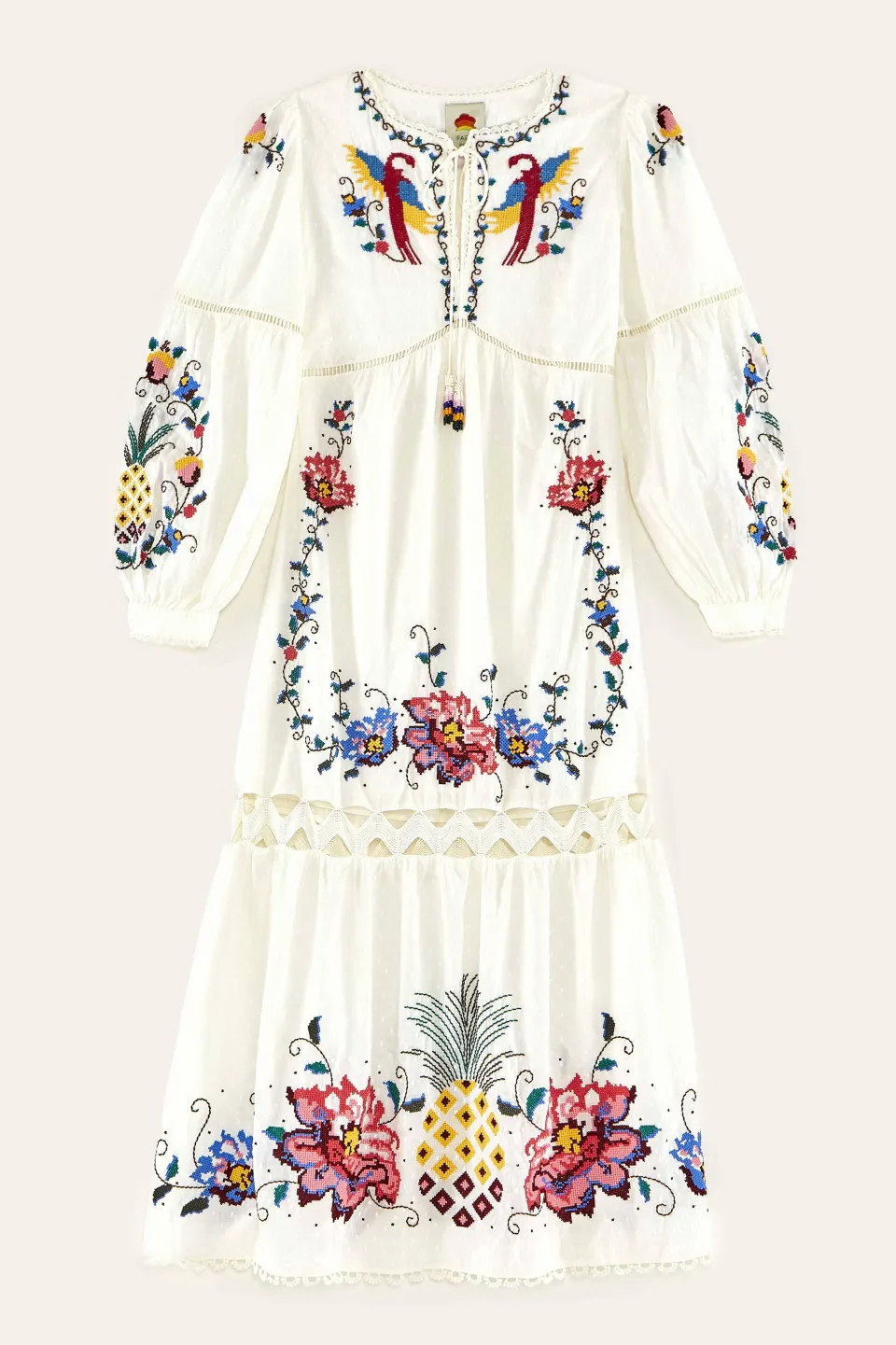 FARM Rio Embroidered Maxi Dress | Macaw Cross Stitch