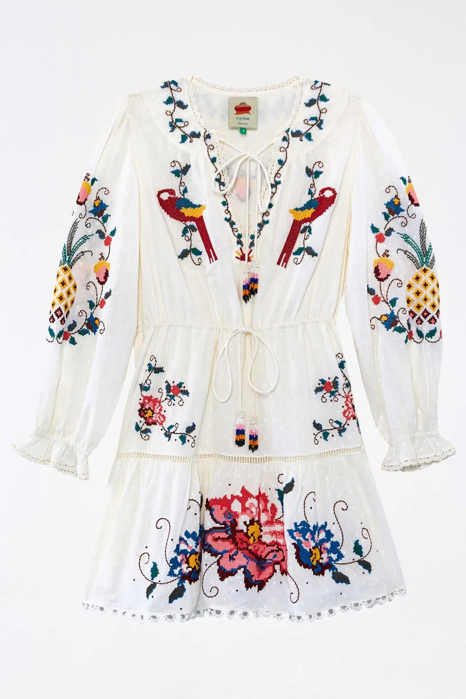 FARM Rio Embroidered Mini Dress | Macaw Cross Stitch Discount