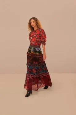 FARM Rio Floral Mix Ruffle Maxi Skirt Hot