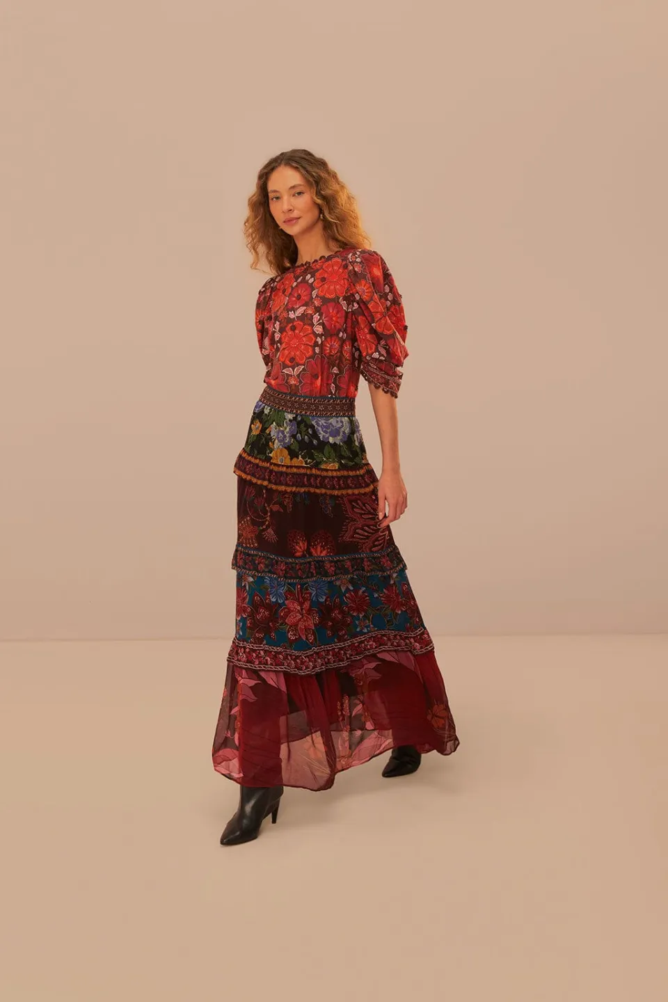 FARM Rio Floral Mix Ruffle Maxi Skirt Hot