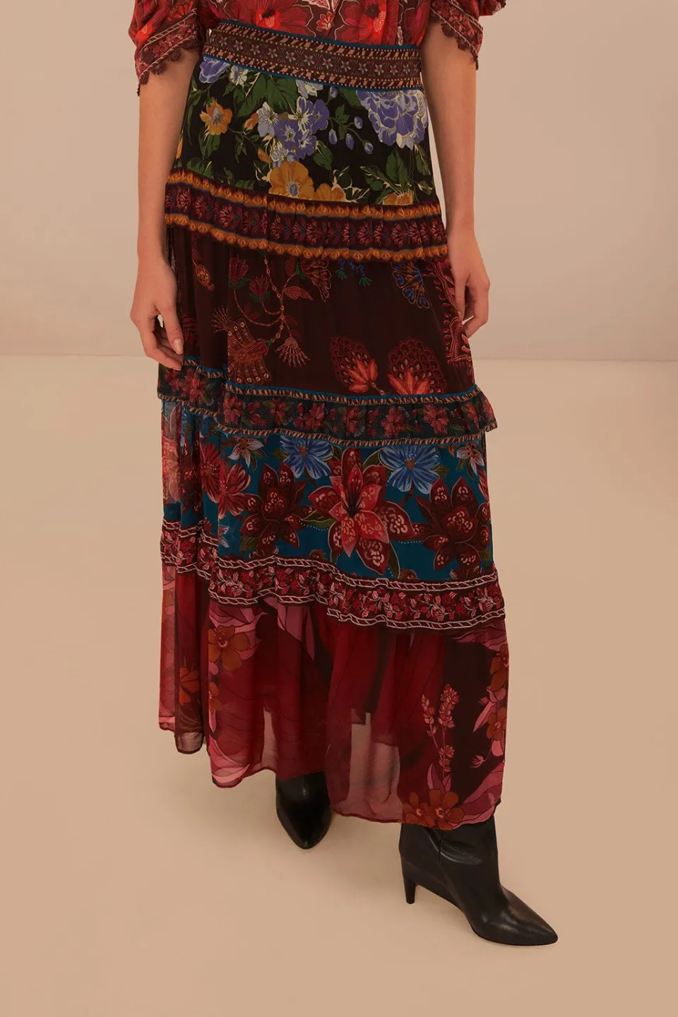 FARM Rio Floral Mix Ruffle Maxi Skirt Hot