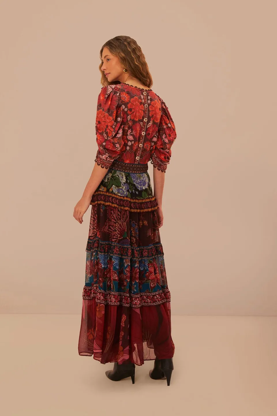 FARM Rio Floral Mix Ruffle Maxi Skirt Hot