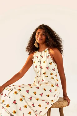 FARM Rio Flowers Midi Dress | Mixed Cross Stitch Print Clearance