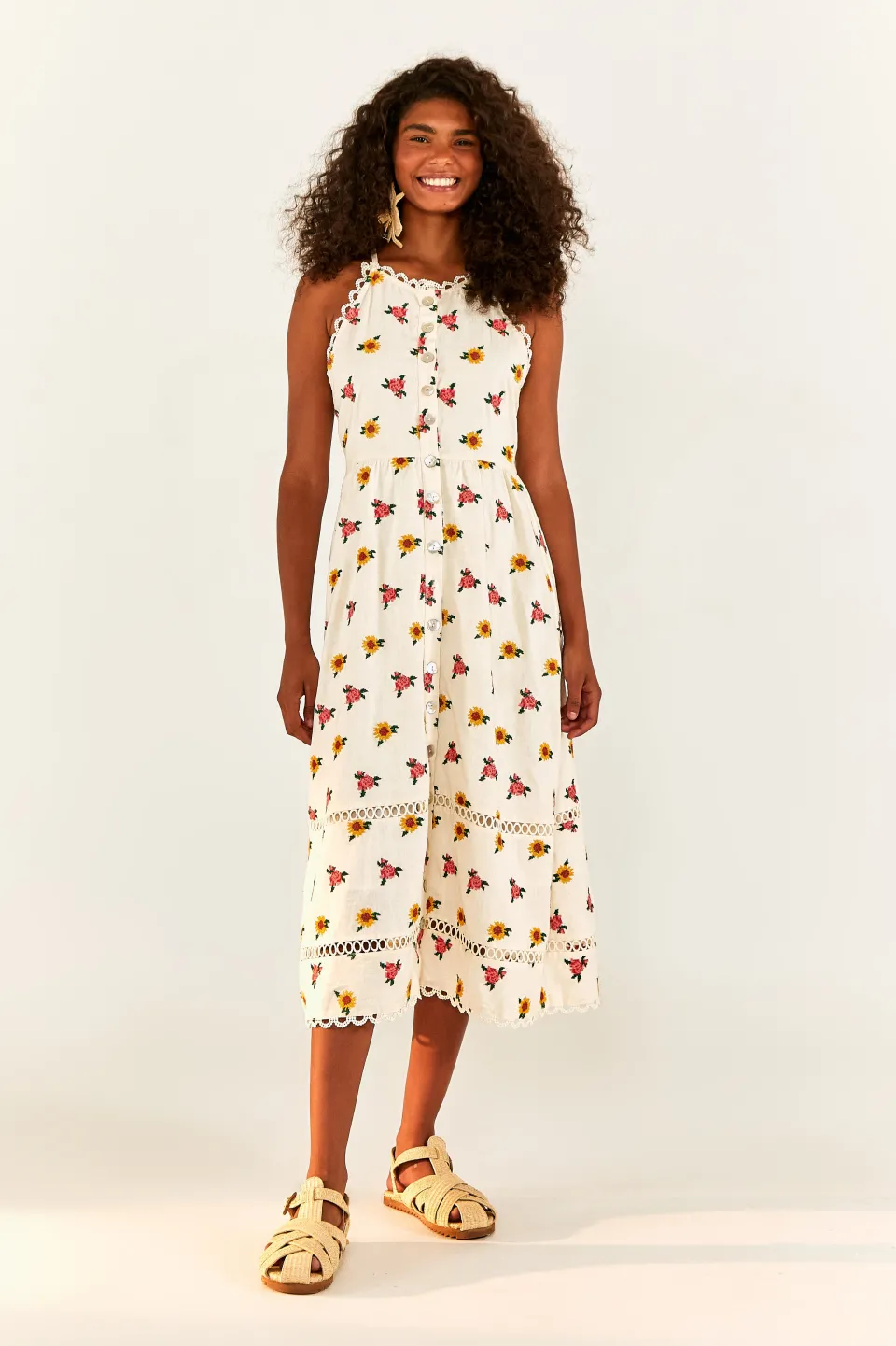 FARM Rio Flowers Midi Dress | Mixed Cross Stitch Print Clearance