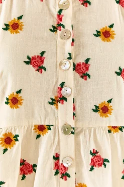 FARM Rio Flowers Midi Dress | Mixed Cross Stitch Print Clearance