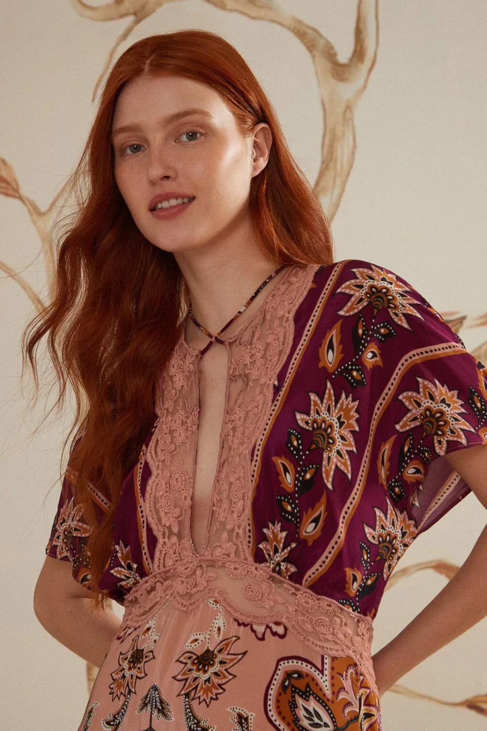 FARM Rio Glam Tapestry Burgundy Laces Short Sleeve Maxi Dress