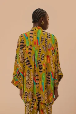 FARM Rio Green Amazon Feathers Long Sleeve Blouse New
