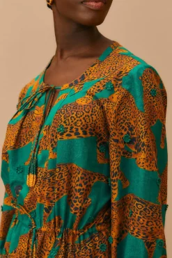 FARM Rio Green Artsy Leopards Long Sleeve Mini Dress Sale
