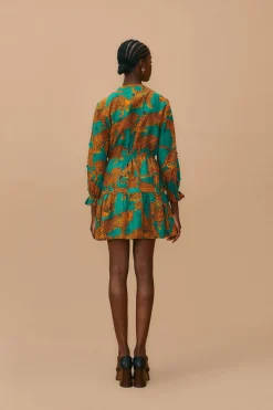 FARM Rio Green Artsy Leopards Long Sleeve Mini Dress Sale