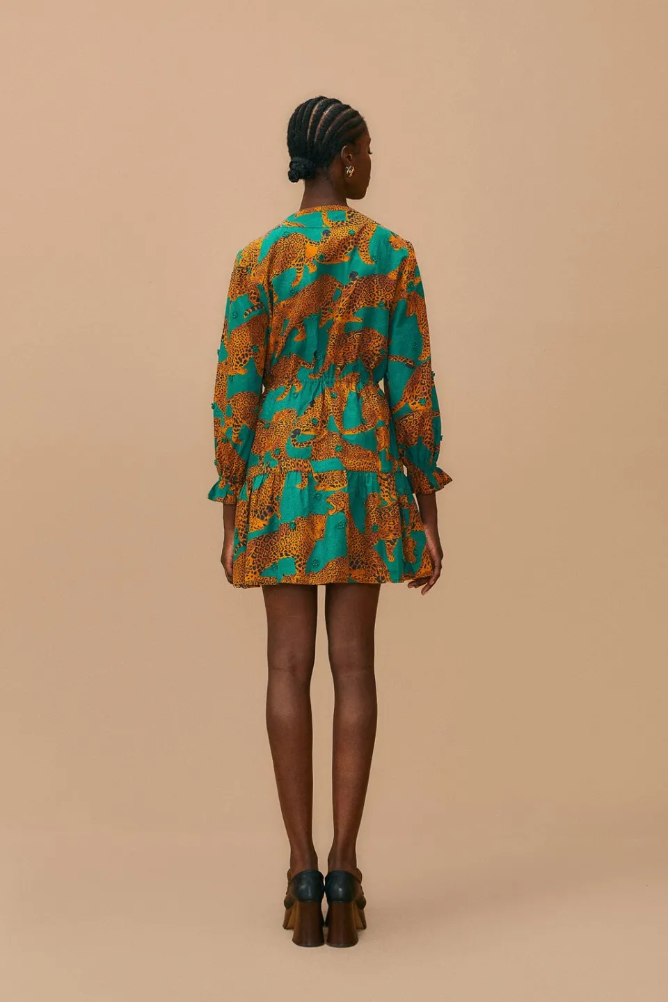 FARM Rio Green Artsy Leopards Long Sleeve Mini Dress Sale
