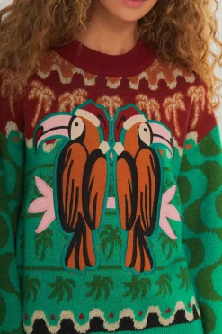 FARM Rio Green Christmas Toucans Knit Sweater Outlet